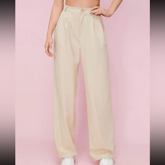 Cream Plicated straight leg trouser pants - button front pleated detail - Picture 3 of 4